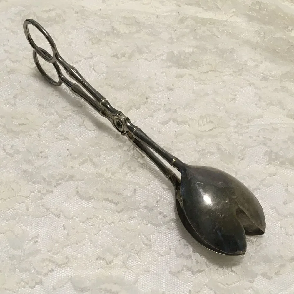 Vintage Bamboo Handle Salad Serving Tongs marked Italy Bamboo Silver Tone 9.5